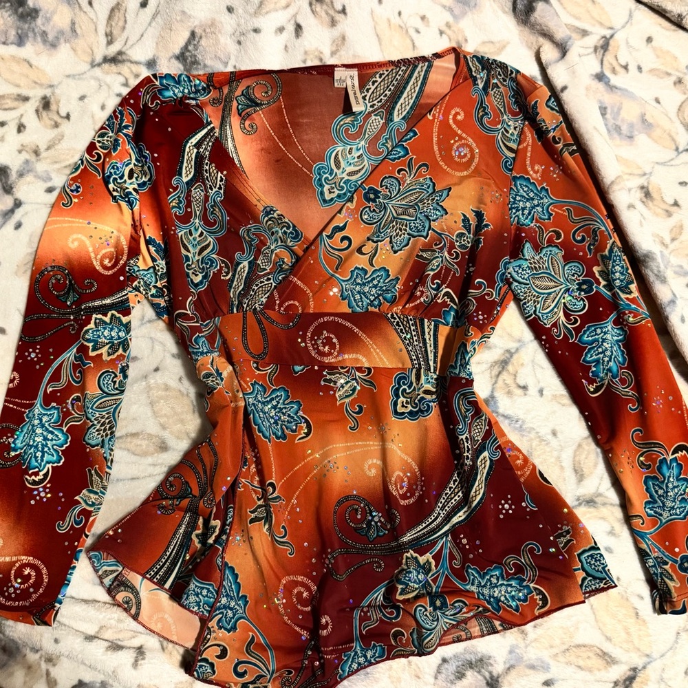 Y2K Paisley Mock Wrap Top with Embellishments